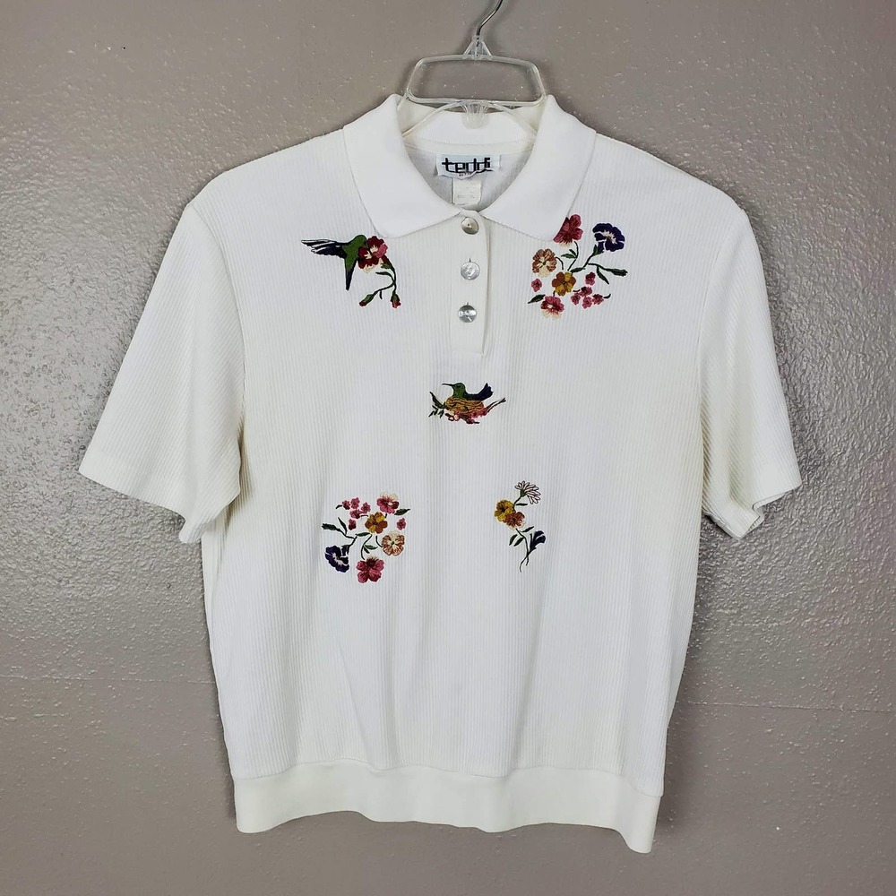 Teddi Petite White Embroidered Short Sleeve Polo Shirt PXL